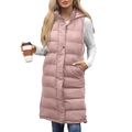 Women's long hooded quilted puffer vest in dusty rose with side zippers and snaps - S / Pink