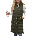Women's long quilted hooded vest in dark olive green with side pockets for winter - S / Army Green