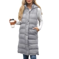 Women's long hooded puffer vest in grey with zipper closure and side pockets - Light Gray
