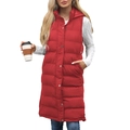 Women's long quilted hooded vest in vibrant red color with snap button closure - Red