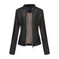 Women's slim fit black faux leather jacket with stand collar and metallic zippers - XS / Black