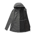 Detail of dark grey hooded jacket featuring adjustable waist drawstring and black lining - Space Gray