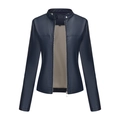 Women's slim fit navy blue faux leather jacket with stand collar and silver zipper size XS - XS / Dark Blue