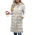 Women's long hooded quilted vest in cream white with zipper and snap buttons closure - Off White