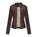 Women's slim fit faux leather jacket in dark brown with stand collar and zipper - XS / Coffee