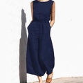 Detail of navy blue sleeveless jumpsuit featuring elastic gathered waist and wide legs - S / Dark Blue