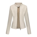 Women's chic beige stand collar faux leather jacket with slim fit and metal zippers - XS / Off White