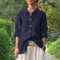 Relaxed fit deep blue linen long sleeve shirt with white buttons and front pocket - S / Navy Blue