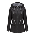 Women's black waterproof rain jacket with adjustable hood and striped lining - S / Tops / Black