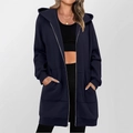 Women's dark blue longline zip-up hoodie with front pockets and ribbed cuffs - S / Dark Blue