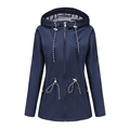 Women's dark blue hooded raincoat with striped lining and adjustable drawstrings - S / Tops / Dark Blue