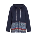 Detail of hooded jacket featuring quilted texture, ethnic floral patterns and wood buttons - S / Navy Blue Patchwork Ethnic Print