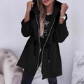 Chaqueta cortavientos negra para mujer con capucha, cintura ajustable y cremallera metálica - S / Negro