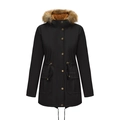 Damen Parka in Schwarz mit Kapuze, braunem Kunstfellbesatz und verstellbarer Taille - S / Schwarz