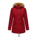 Roter Damen Parka mit Kapuze, Kunstfellbesatz und verstellbarem Kordelzug in der Taille - S / Burgunderrot
