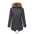 Dunkelgrauer Damen Winterparka mit braunem Kunstfellkragen und Fleece-Futter - S / Dunkelgrau