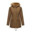 Parka d'hiver femme camel foncé avec capuche en fausse fourrure et doublure polaire - Kaki