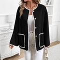 Damen Strickjacke in Schwarz mit weißem Kontrastrand und Goldknöpfen, lässiger Stil - S / Schwarz