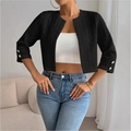 Women's black round-neck short jacket with knit texture and decorative metal buttons - S / Black