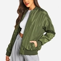 Blouson bomber femme vert armée avec fini brillant et détails de bords-côtes stylés - S / Vert