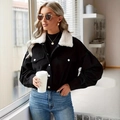 Women's black corduroy short jacket with white faux shearling collar and button pockets - S / Black