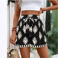 Bohemian black and white printed high waist casual shorts with decorative tie-waist bow - S / Black