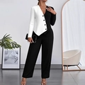 Zweiteiler für Damen mit schwarz-weißem Kontrast-Blazer und eleganter weiter Hose - S / Schwarz-Weiß Patchwork