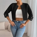 Women's black cropped jacket with textured waffle fabric and pearl cuff buttons - S / Black