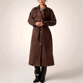 Detailed close-up of brown double-breasted trench coat with adjustable waist belt and cuffs - S / Dark Brown