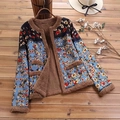 Chaqueta vintage de lana de cordero para mujer con flores azules y negras y forro marrón - S / Como se muestra