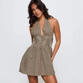 Vestido mini a cuadros con cuello halter y cintura elástica fruncida de estilo retro - S / Cuadros Marrón y Negro