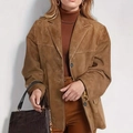 Chaqueta de gamuza marrón para mujer con solapa y botones de estilo vintage casual - S / Marrón Oscuro