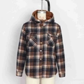Detail of warm brown plush lining and plaid flannel fabric on a hooded winter jacket - Dark Gray