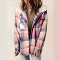 Women's plaid hooded shacket with pink blue check and cozy warm sherpa lining - Red Plaid