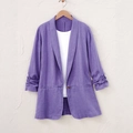 Blazer in lino viola scuro da donna con maniche a 3/4 arricciate e chiusura a un bottone - S / Viola