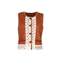 Women's brown faux suede vest with white lace trim and button-front bohemian style - S / Tan
