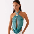 Top a fascia con scollo all'americana tinto a nodi blu e verde con fibbia in conchiglia - S / Blu Verde Tie-Dye