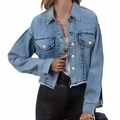 Vintage Denim Kurzjacke für Damen in Blau mit offenem Saum und Metallknöpfen - S / Blau