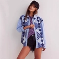 Damen Freizeit-Hemd mit blauem Patchwork-Karomuster und langen Ärmeln für den Alltag - S / Blaues Patchwork (Karo)