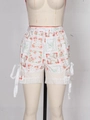 Women's summer floral shorts with red flower patterns and lace trim in a classic front view - S / White Floral