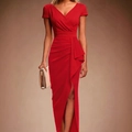Elegant high-waist red evening dress with V-neckline and stylish high side slit detail - S / Red