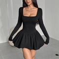 Elegant black long sleeve mini dress featuring a square neck and ruffled puffy skirt - S / Black