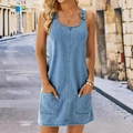 Light blue sleeveless denim dress with pockets in a casual washed straight cut style - S / Blue