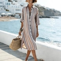 Abito a camicia a righe verticali in misto lino con bottoni e spacchi laterali - S / A righe
