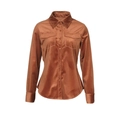 Camisa de pana marrón para mujer con cuello de solapa y costuras blancas de contraste - S / Tostado