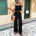 Women's black lounge set featuring white piping and elegant striped bow shoulder straps - S / Black