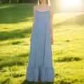 Sky blue sleeveless maxi slip dress with ruffled hem in a relaxed summer fit - S / Blue