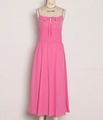 Detail of pink summer dress with bow tie, cutout front and elastic smocked waistline - S / Red