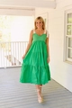 Detalle de vestido de verano verde con cuerpo elástico y tirantes de lazo blanco - S / Verde