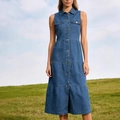 Abito midi smanicato in denim blu con bottoni anteriori e gonna a balze a strati - S / Blu